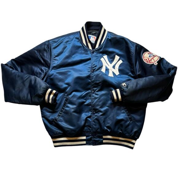 VINTAGE 80s New York Yankees STARTER Satin Jacket XL Button Bomber USA Made - Picture 1 of 16